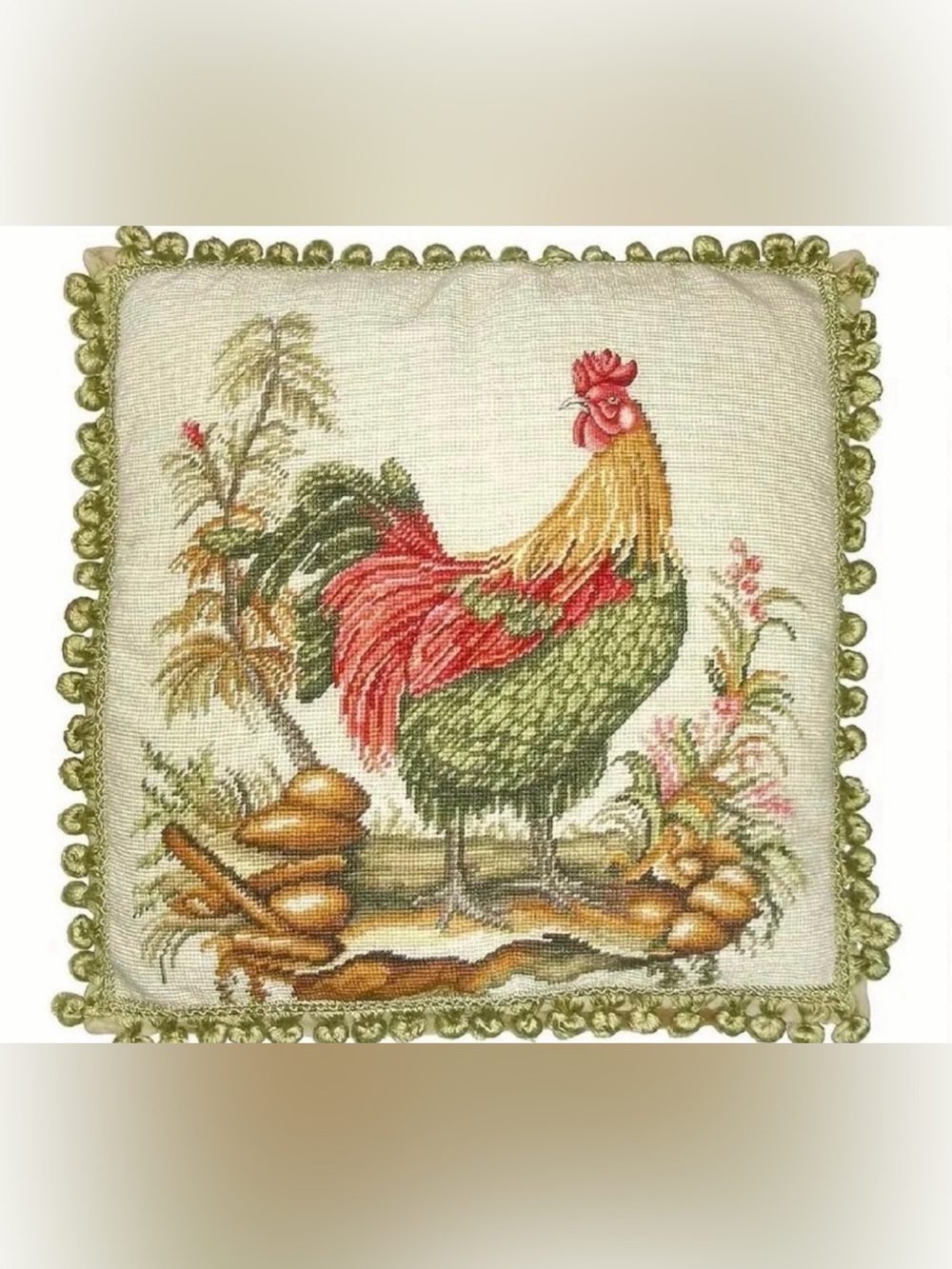 Decorative Rooster Needlepoint Pillow Cover in Green and Red-20”-NWT